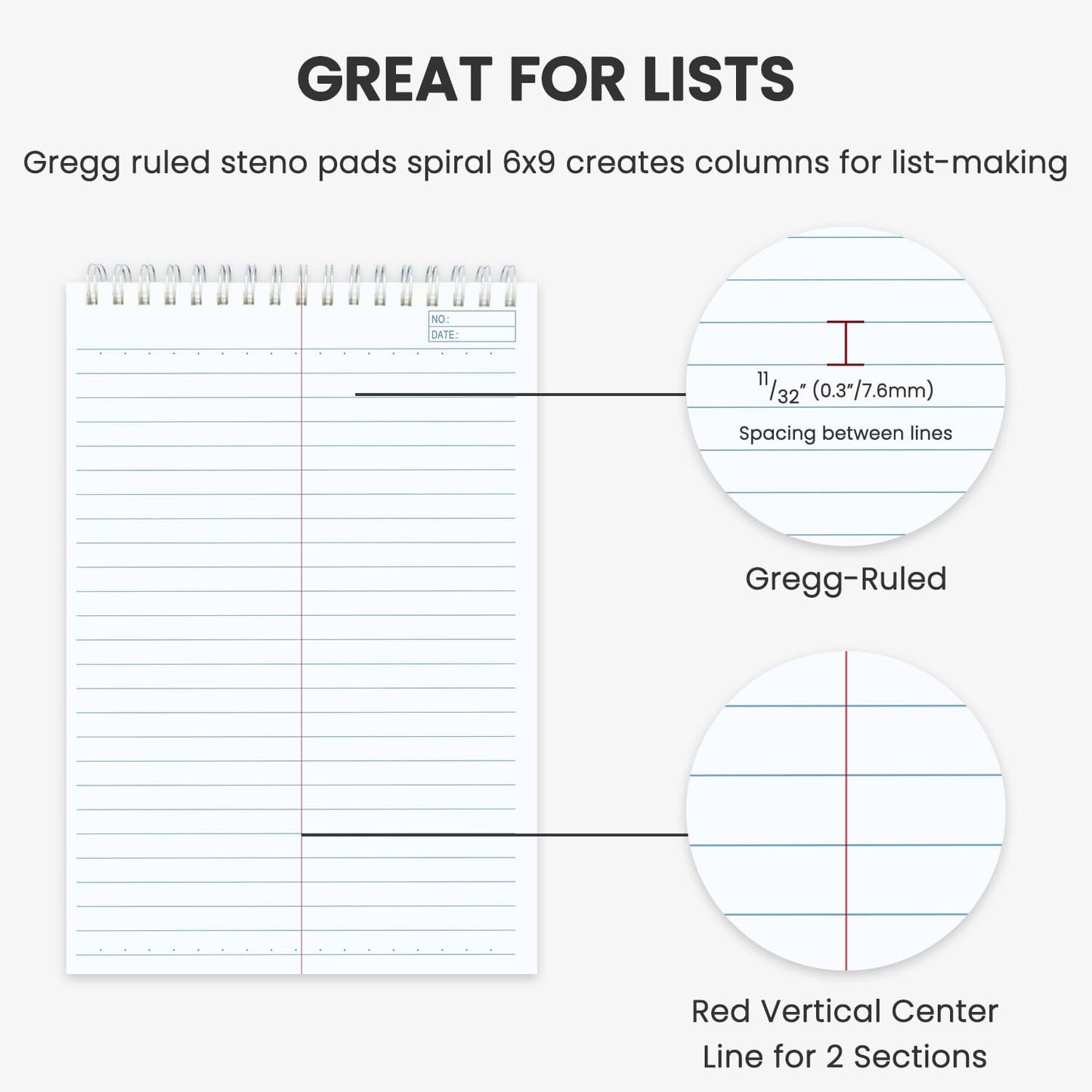 Steno Notebooks Top Spiral 6x9 | Steno Pads -5 Assorted Color | Steno Notepad Gregg Ruled | Spiral Notepads for Work, School, College, Office Note Taking | Professional Notebooks for Work.