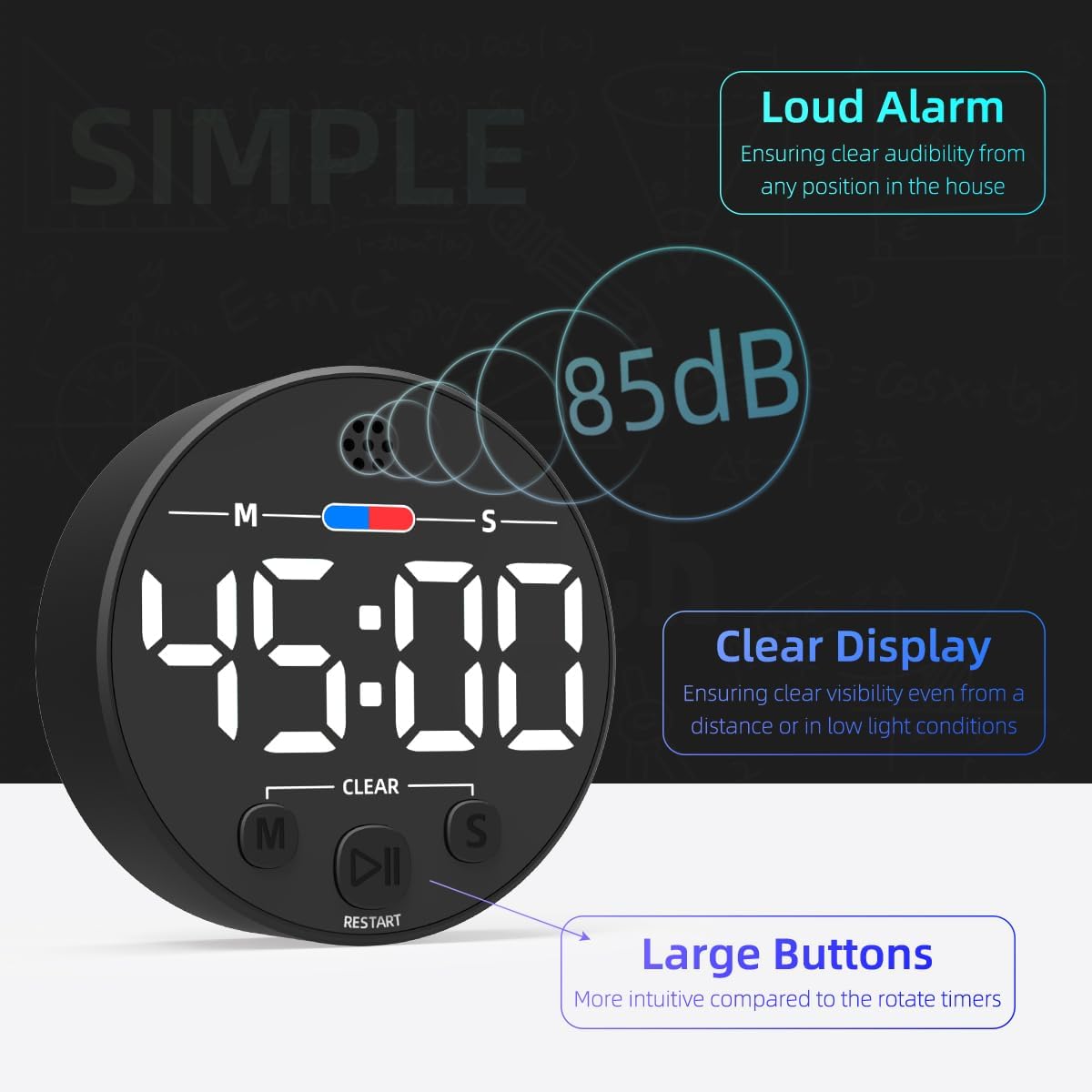 Visual Digital Timer for Kitchen, Classroom, Kids, Productivity, Magnetic Countdown Timer for Egg Cooking, Toddler, Focus, Work, Task, Small Desk Timer with Large LED Display, Super Loud Alarm - White