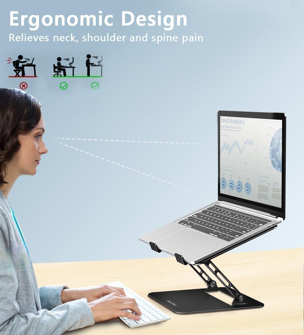 Adjustable Laptop Stand for Desk, Portable Laptop Stand Holder and Riser, Foldable Aluminum Notebook Computer Stand for MacBook Air Pro HP Lenovo Dell Samsung Chromebook, 10-15.6 inch, Black