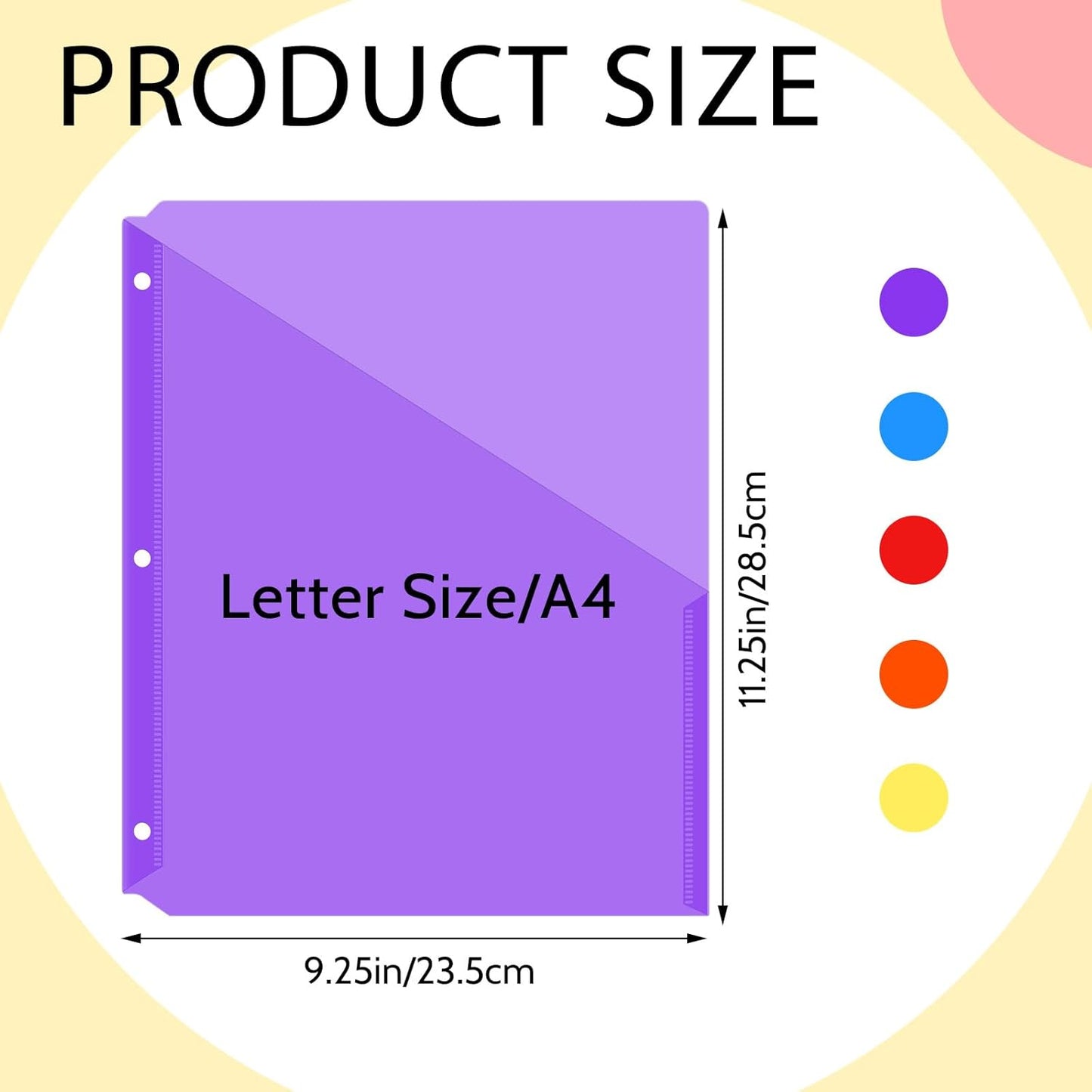 Maitys 50 Pack Binder Pockets 3 Hole Punch Clear Plastic Document Folders Binder Organizer Store Letter Size 8.5x11 Inch Paper Folders with Pockets Slash File Jacket for Office (Multicolor)