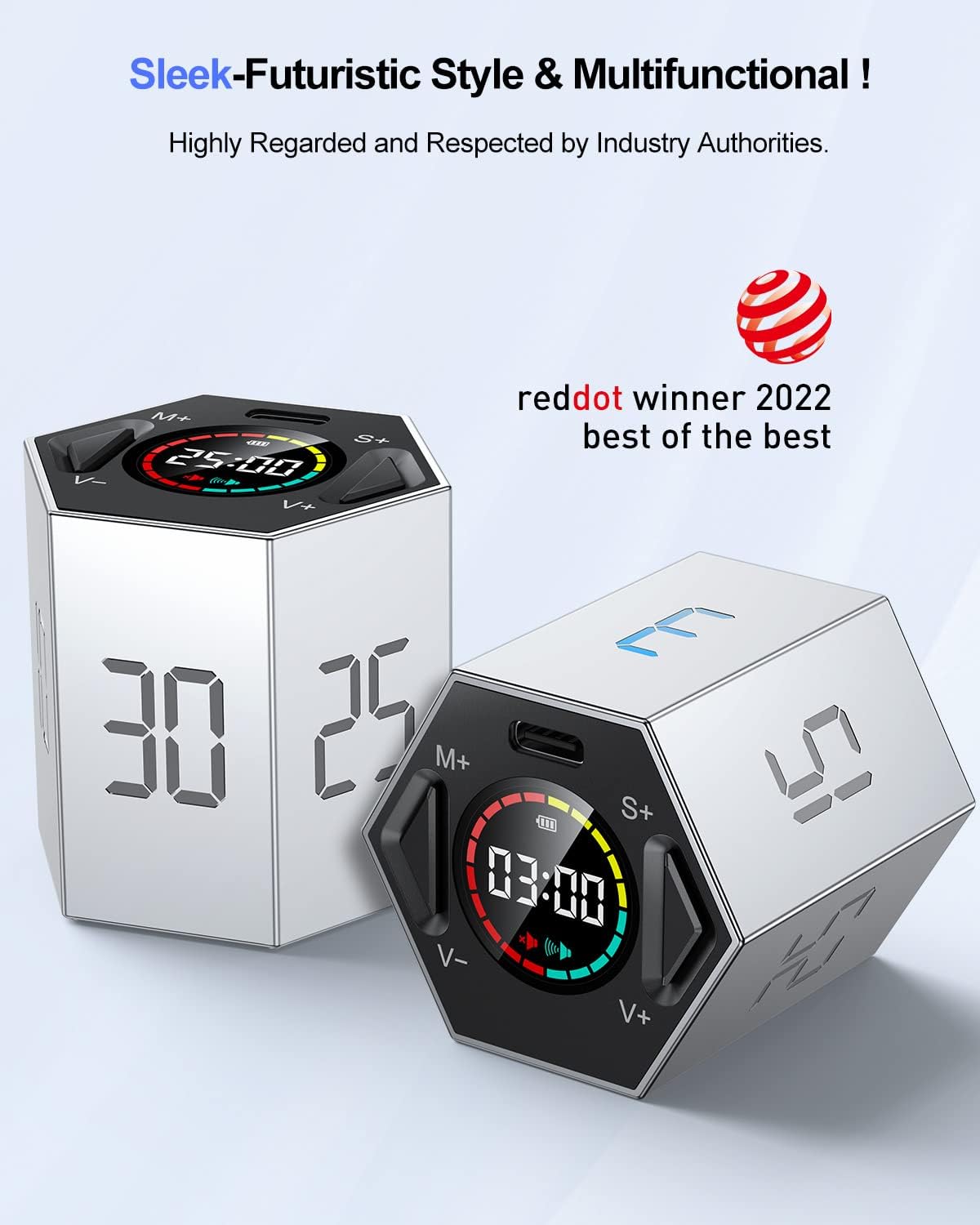 Ticktime Pomodoro Timer, Productivity Timer Cube, 3/5/10/15/25/30 Min Presets, Custom Countdown & Stopwatch 1s–99m59s, Sound/Vibration/Silent, Magnetic, Rechargeable, for ADHD Study Work, Gray