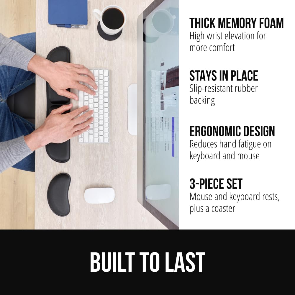 GORILLA GRIP Silky Memory Foam Keyboard Wrist Rest for Computer and Mouse, Typing Support Pad, Desk Office Supplies, Gaming Accessories, Hand & Arm Mousepad Cushion and Coaster, Stocking Stuffer Black