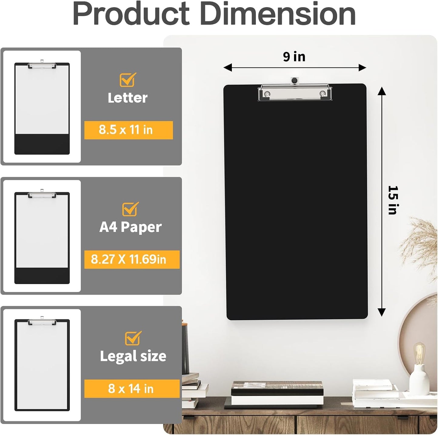Legal Size Clipboard, 8.5 x 14 Black Plastic Long Clip Board with Low Profile Clip, 9 x 15 in, Suitable for Legal Lawers and Business, Office Supply(Pack of 25)