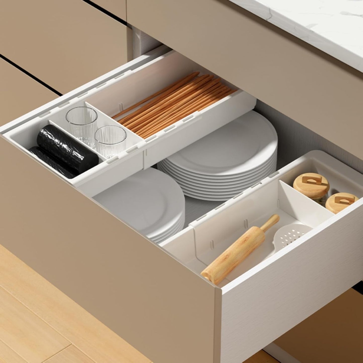 EooUooIP Sliding Drawer Tray with Adjustable Dividers, Expandable Kitchen Storage Organizer, Sliding Drawer Bin, Expandable Drawer Organizer, 2 PCS Drawer Organizer Trays For Utensils, Flatware, Junks