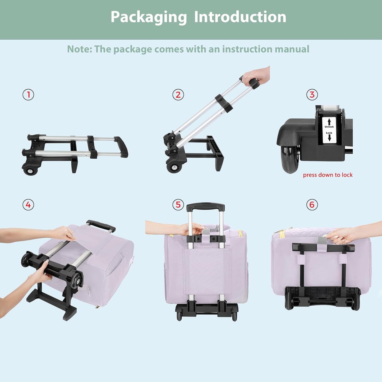 MATEIN Rolling Briefcase for Women, Rolling Work Bag with Wheels & Detachable Cart Fit 15.6 Inch Laptop, Roller Laptop Tote Bag with Insulated Lunch Box for Teacher Commute Office Work College, Purple