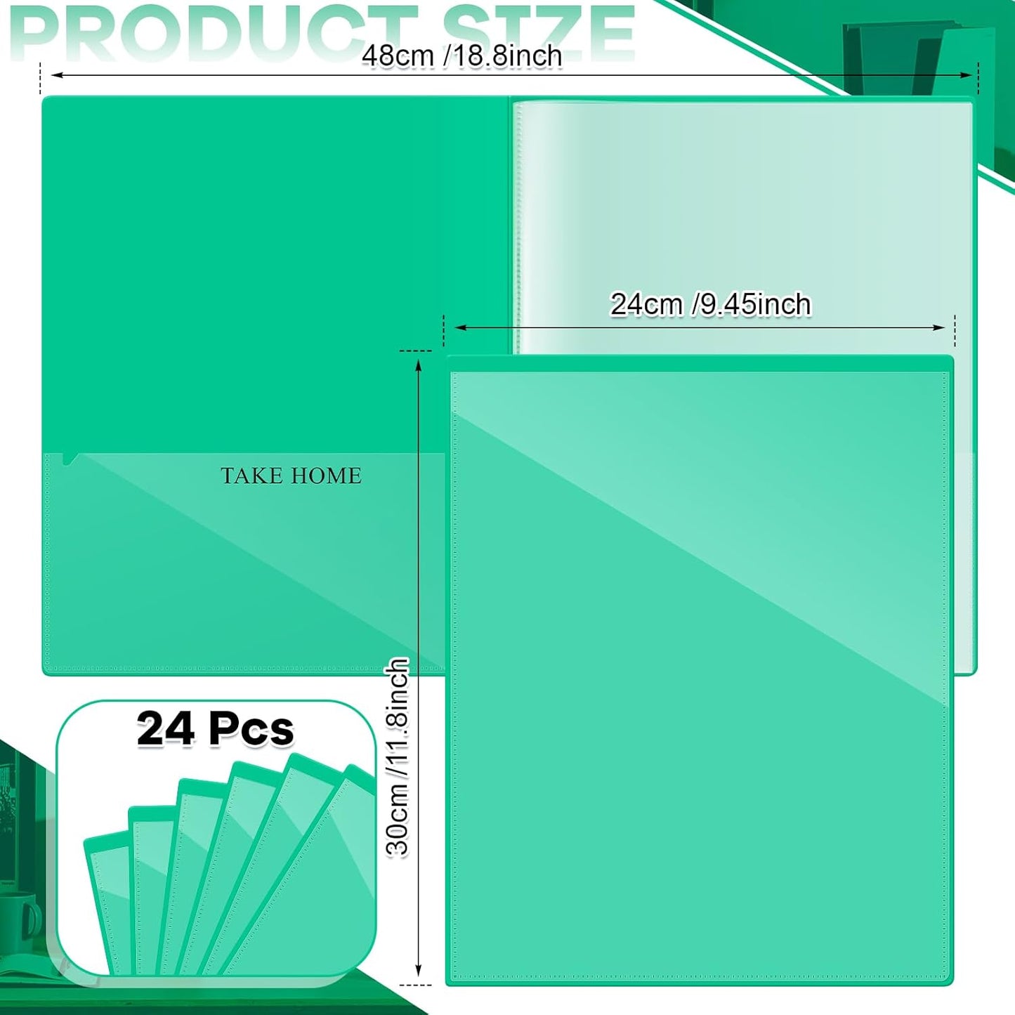 Henoyso 24 Pcs School and Home 2 Pocket Folders with 4 Clear Inner Pockets Plastic Heavy Duty Homework Folders Parent Teacher Communication for Student Home Office Classroom,11 x 9 Inch (Green)