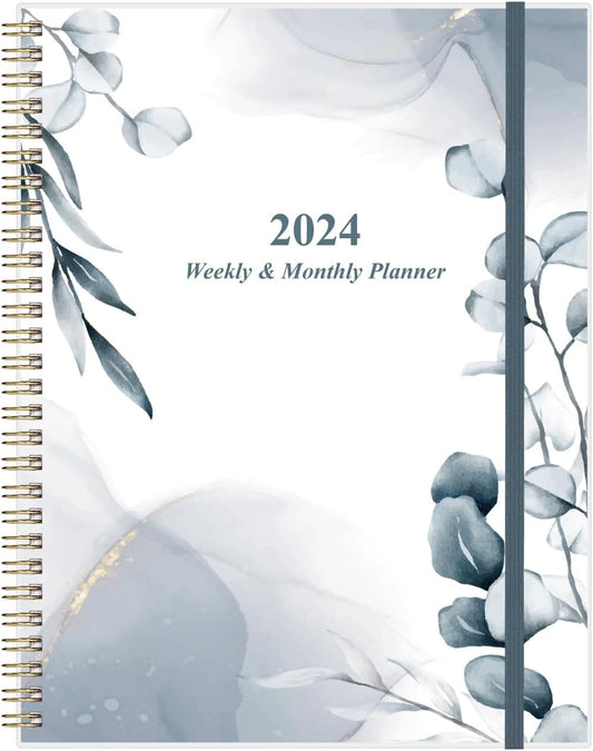 2024 Planner - 8.5" x 11" Weekly Monthly Planner Spiral Bound from January 2024 to December 2024, Academic Planners 2024 with 12 Monthly Tabs, Inner Pocket, Elastic Closure, Blue Leaf