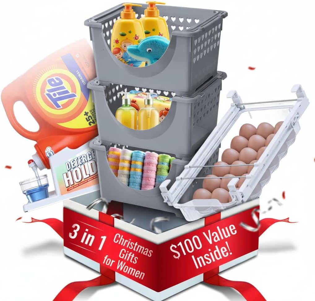 TidyFriend 3 in 1 Home Organization Kit – Stackable Storage Bins, Laundry Detergent Stand & Refrigerator Egg Drawer, Perfect Holiday Gift for Moms, Homemakers & Home Organization Lovers
