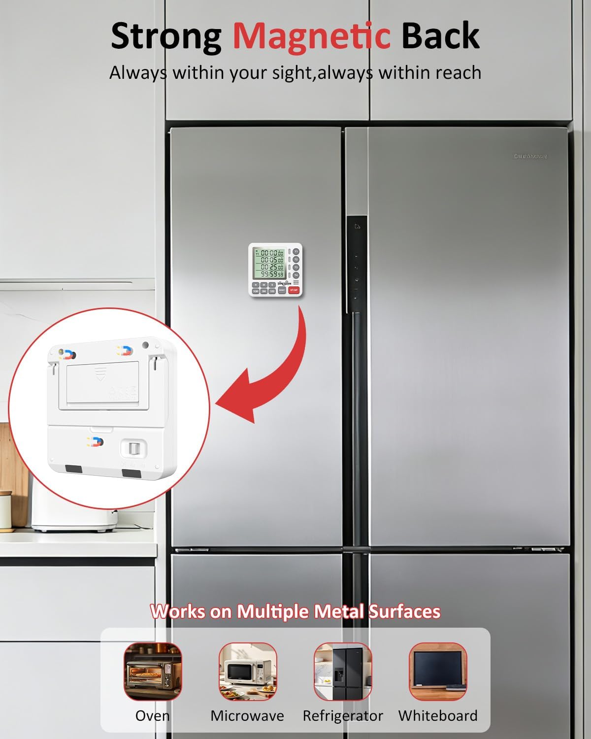 Digital Kitchen Timer for Cooking - 4 Channel Count Up Countdown Timer with Loud Alarm and Silent Mode, Large Display, Magnetic Back, Auto Memory for Classroom Study Gym, Battery Included (White&Grey)