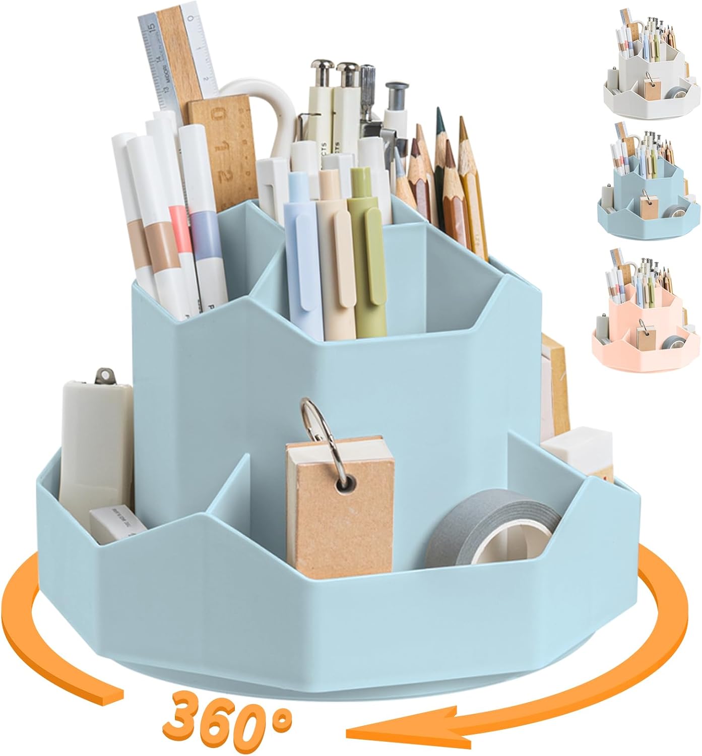 Pencil Pen Holder for Desk,9 Slots 360 Degree Rotating Desk Organizers,Desktop Storage Stationery Supplies Organizer, Cute Pencil Cup Pot For Office, School, Home(Blue)