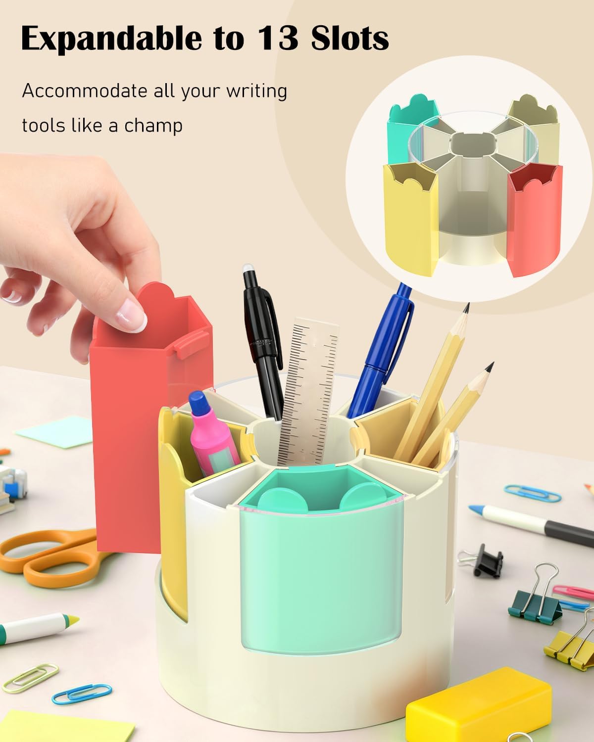Uniclife 360° Rotating Pen Holder for Desk, 13 Slots Rotating Pencil Holder with Stickers, 360 Degree Spinning Desk Organizer, Cute Desktop Stationery Organizer Marker Organizer Art Supply Organizers