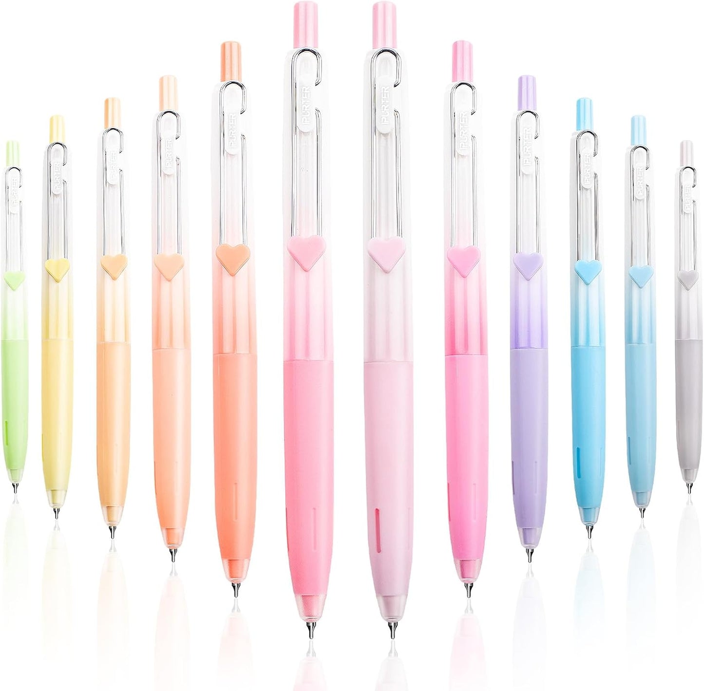 12 Pack 0.5mm Gel Pens, Gradient Barrel with Multicolor Ink, Metal Clip & Heart Charm, Soft Grip, Visible Ink Window, Smooth Quick-Dry Writing for School, Office, Journaling, Gifts
