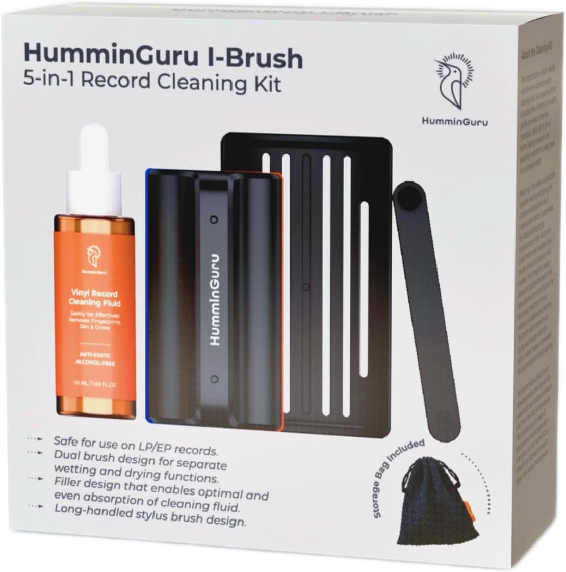 HumminGuru I-Brush Vinyl Record Cleaning Kit, Anti-Static Vinyl Record Cleaner Kit with Dual Velvet Pads Vinyl Record Brush + Alcohol-free Record Cleaning Solution + Stylus Brush + Pouch(White 5-in-1)