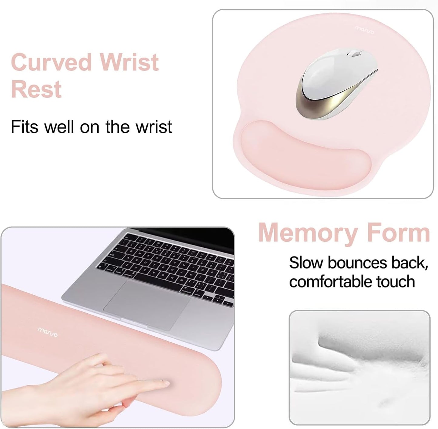 MOSISO Wrist Rest Support for Mouse Pad&Keyboard Set, Circle Curved Ergonomic Mousepad&Coaster Non-Slip Base Home/Office Pain Relief&Easy Typing Pad with Soft Cloth&Silicone Lining, Chalk Pink