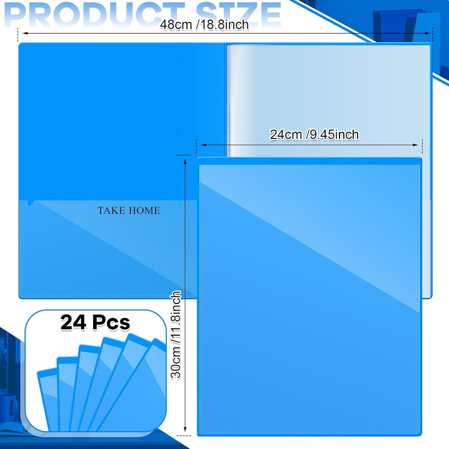 Henoyso 24 Pcs School and Home 2 Pocket Folders with 4 Clear Inner Pockets Plastic Heavy Duty Homework Folders Parent Teacher Communication for Student Home Office Classroom,11 x 9 Inch (Blue)