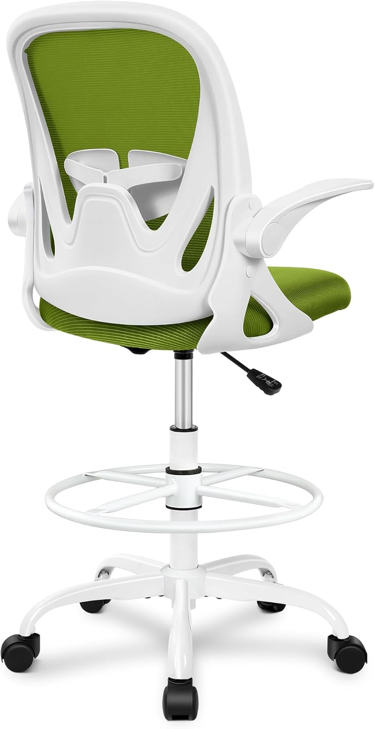 Primy Drafting Chair Tall Office Chair with Flip-up Armrests Executive Ergonomic Computer Standing Desk Chair with Lumbar Support and Adjustable Footrest Ring (AvocadoGreen)