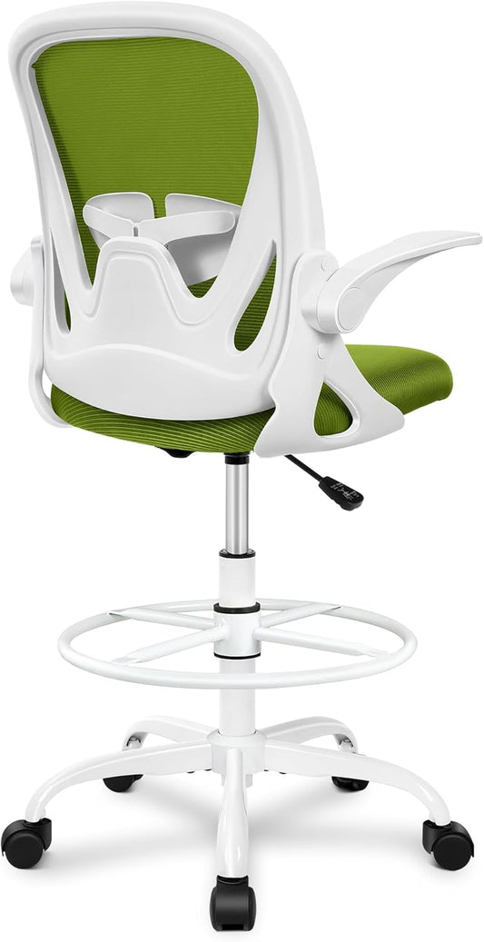 Primy Drafting Chair Tall Office Chair with Flip-up Armrests Executive Ergonomic Computer Standing Desk Chair with Lumbar Support and Adjustable Footrest Ring (AvocadoGreen)