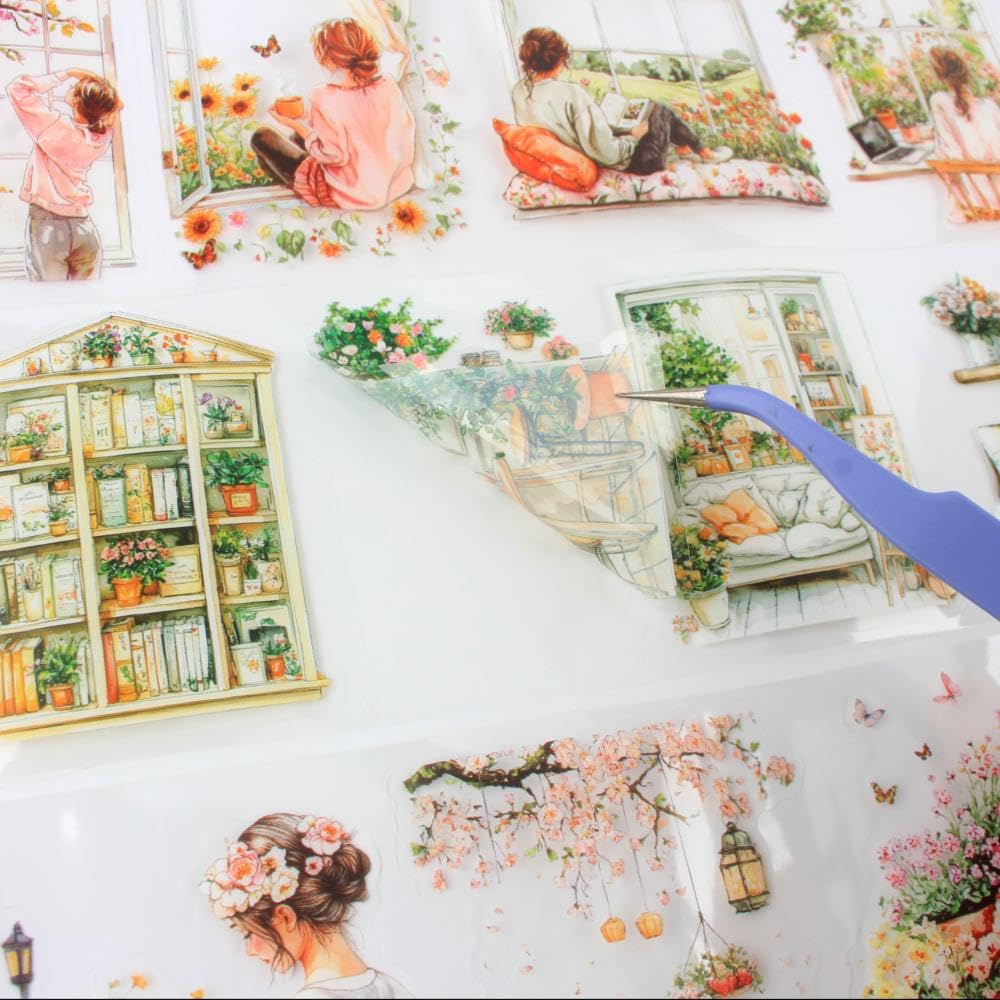 Transparent PET Window Garden Plant Flower Stickers Tape for Journaling, 6 Rolls Assorted Spring Themes Decorative Tape Set for Scrapbooking, Junk Journal Supplies, Bujo, DIY Arts Crafts