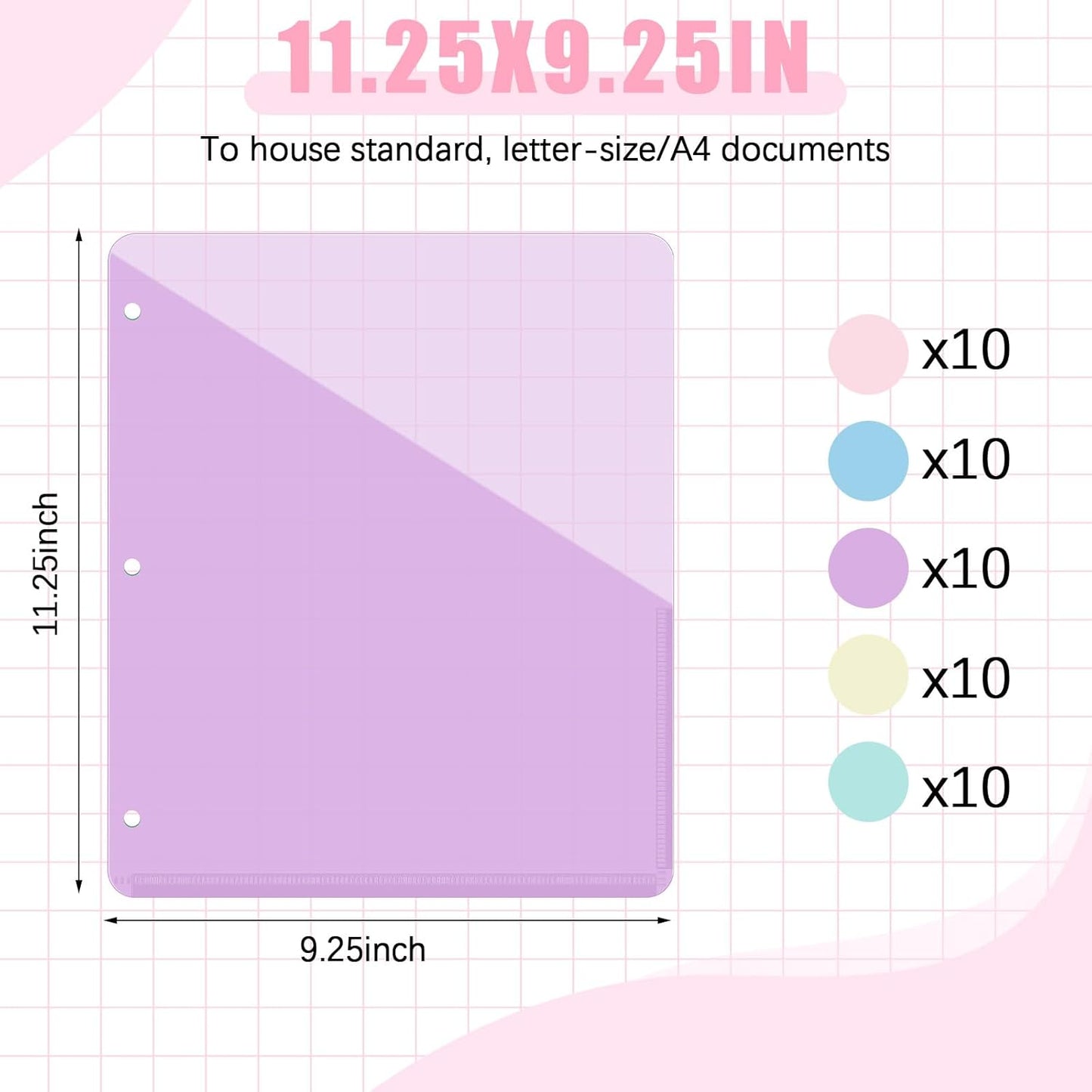 Maitys 50 Pack Binder Pockets 3 Hole Punch Clear Plastic Document Folders Binder Organizer Store Letter Size 8.5x11 Inch Paper Folders with Pockets Slash File Jacket for Office (Macaron Color)