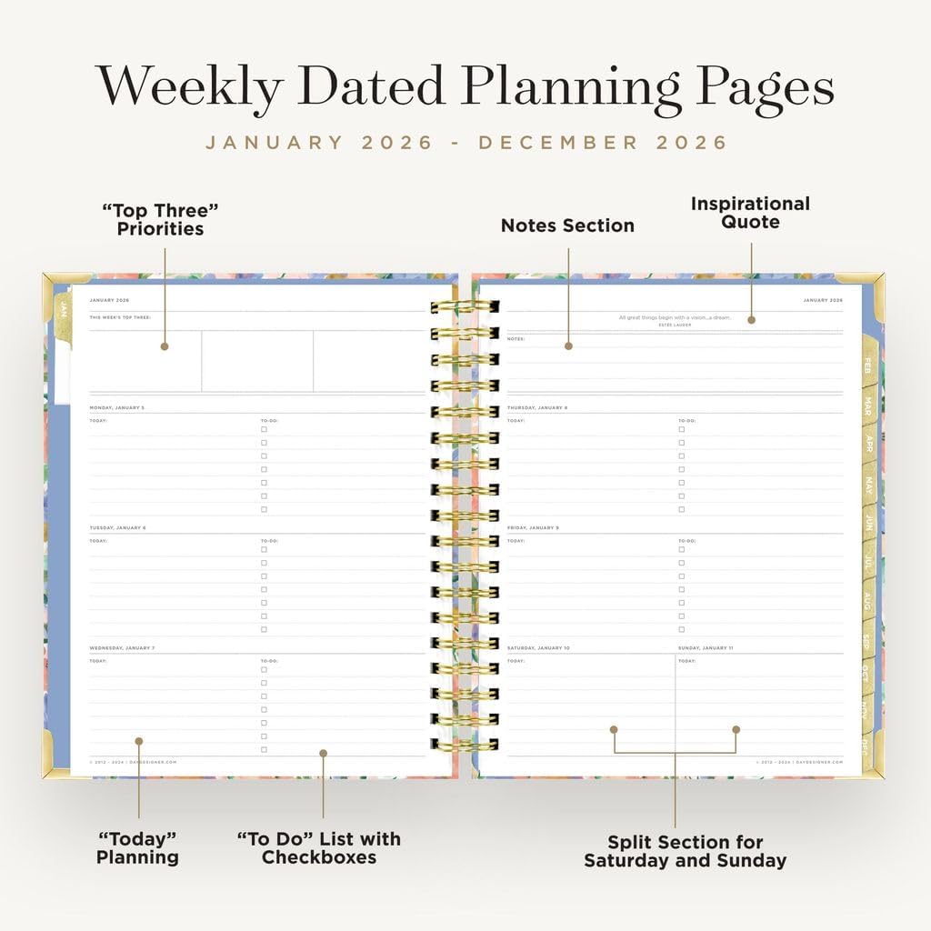 Day Designer 2026 Weekly Planner – Premium Planner for Stylish Organization. Combines Weekly & Monthly Calendars, Daily Schedule, Notes Pages, Goal Setting, Stickers, Pocket & More. Elegant Laminated Cover with Gold Accents (Lorelei Design - 2026)