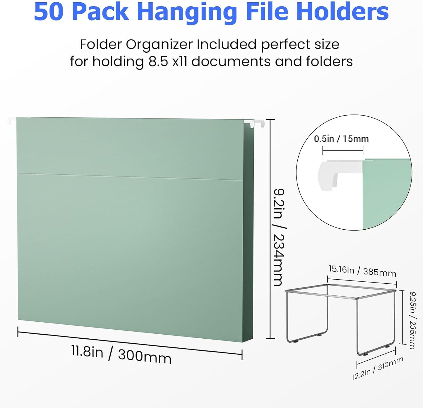 Hanging File Folders Letter Size, Metal File Frame with 50 Pcs Colored Hanging File Folders, 2'' Extension 1/5-Cut Tabs File Organizer Includes Hanging Folders for Desk Office Filing Cabinet