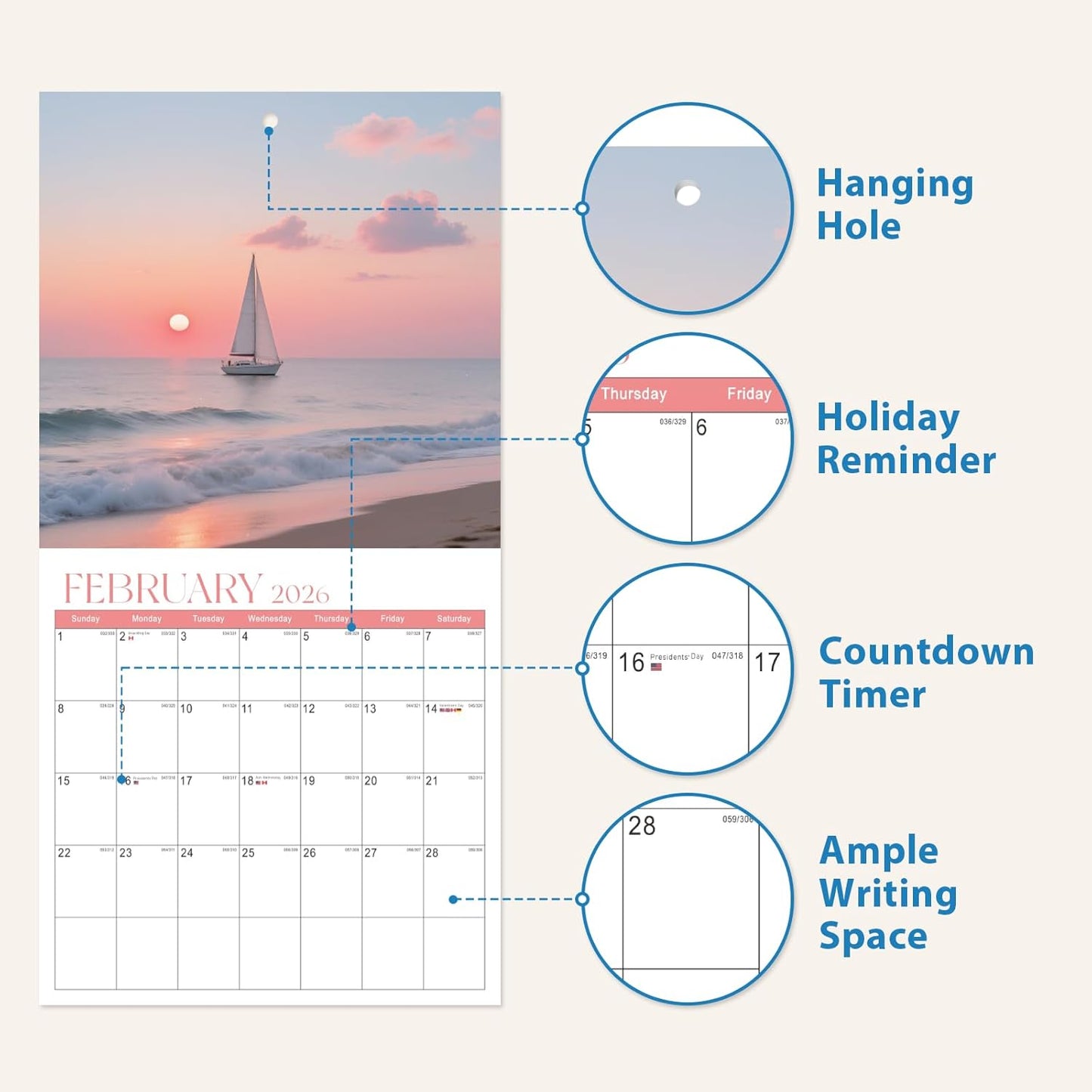 2026 Calendar, 2026 Wall Calendar, Monthly Calendars 12 Month Beach 12" x 24" Opened, Thick Glossy Paper for Organizing Planning, Ideal for Home Office