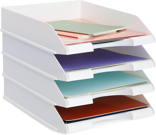 Stockroom Plus Rectangular Letter Trays - Paper Trays for Classroom - Desktop Paper Organizer & File Holder - Document Organizer for Desk Storage - Pack of 4, White, 10 x 13.5 x 2.5 in