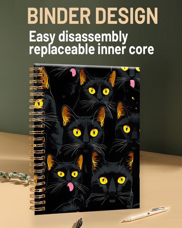Spiral Journal Notebook for Women,A5 College Ruled Notebooks 6"x 8.4", 120 Pages (60 Sheets) Lined Journal with Premium Thick Paper,Perfect for School Office Home(Black Cats)