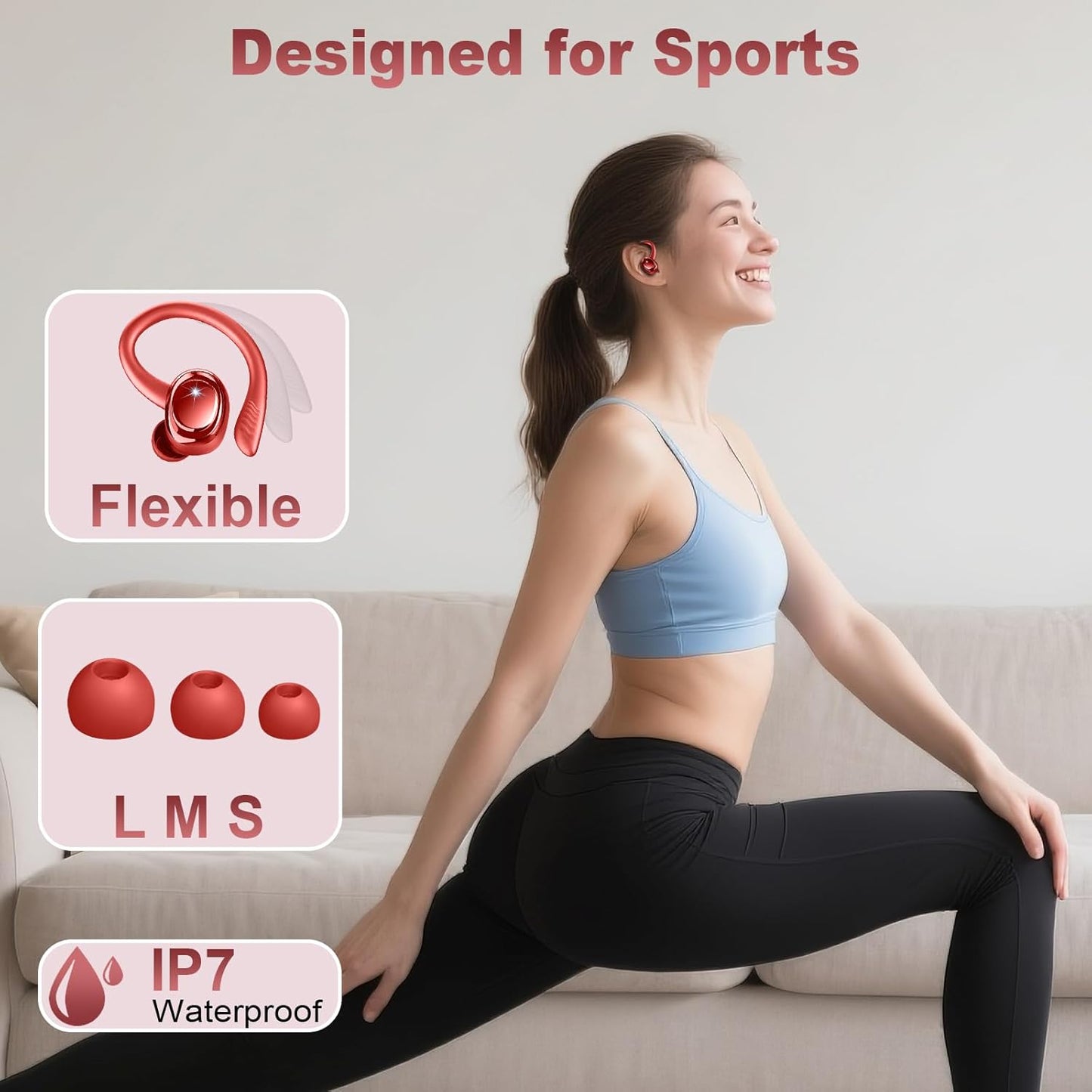 Wireless Earbuds Sport, New Bluetooth 5.4 Headphones with Earhooks, 50H Stereo Deep Bass Over Ear Buds with 4 ENC Noise Canceling Mics, IP7 Waterproof Earphones for Running Workout Gym -Red