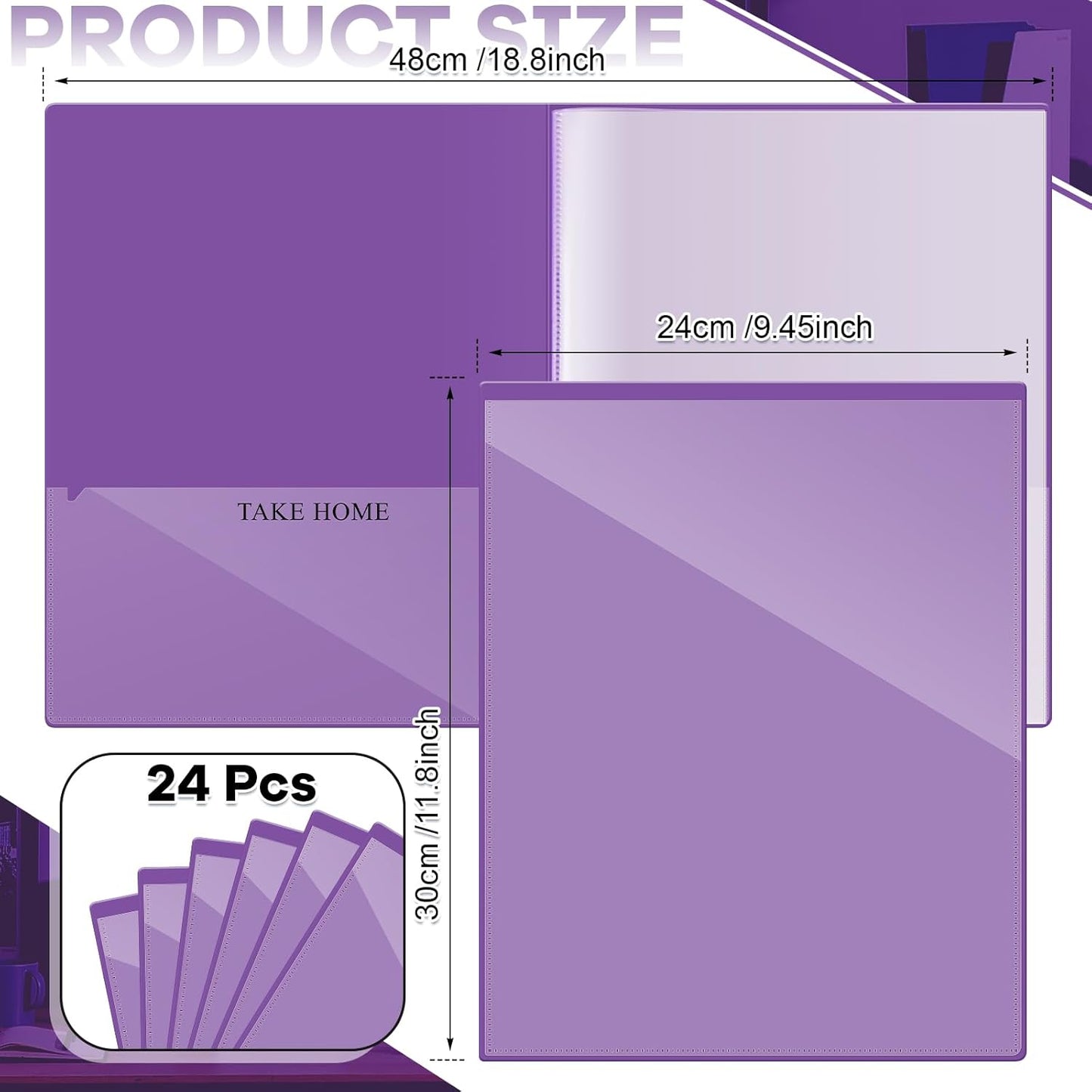 Henoyso 24 Pcs School and Home 2 Pocket Folders with 4 Clear Inner Pockets Plastic Heavy Duty Homework Folders Parent Teacher Communication for Student Home Office Classroom,11 x 9 Inch (Purple)
