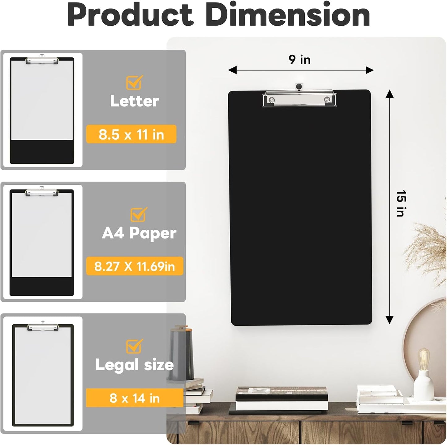 Legal Size Clipboard Set of 6, 8.5 x 14 Black Plastic Long Clip Board with Low Profile Clip, 9 x 15 in, Suitable for Legal Lawers and Business, School & Office Supplies
