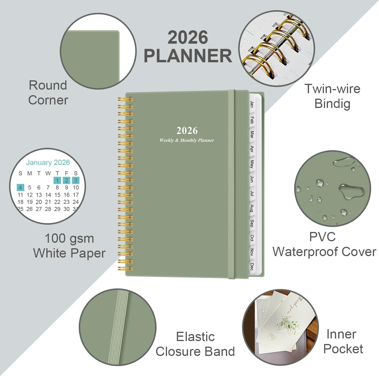 2026 Planner - Planner 2026 from January 2026 - December 2026, Weekly & Monthly Planners Spiral Bound with 12 Monthly Tabs, Inner Pocket, 6.4" x 8.5", Green