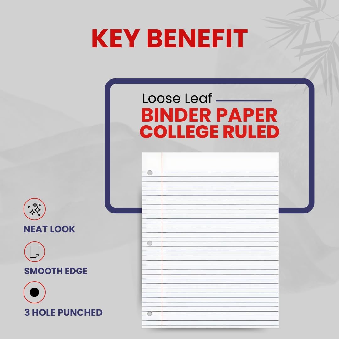 Loose Leaf Paper, Lined Notebook Paper, College Ruled Filler Paper, 200 Sheets, 3-Hole Punched, 10.5” x 8”, Binder Paper for Notetaking, Case Pack of 24