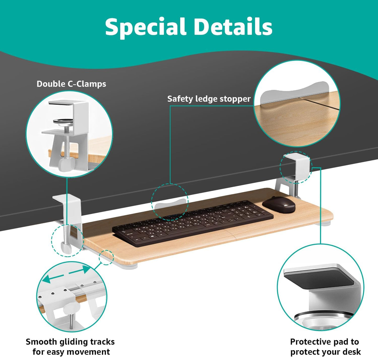 Desktop Keyboard Tray, Under Desk Pull Out, 25.6" X 11.8" Large Size Keyboard Tray with C-Clip Mount, Easy Installation, Computer Keyboard Stand, for Home Study and Office(Wood)