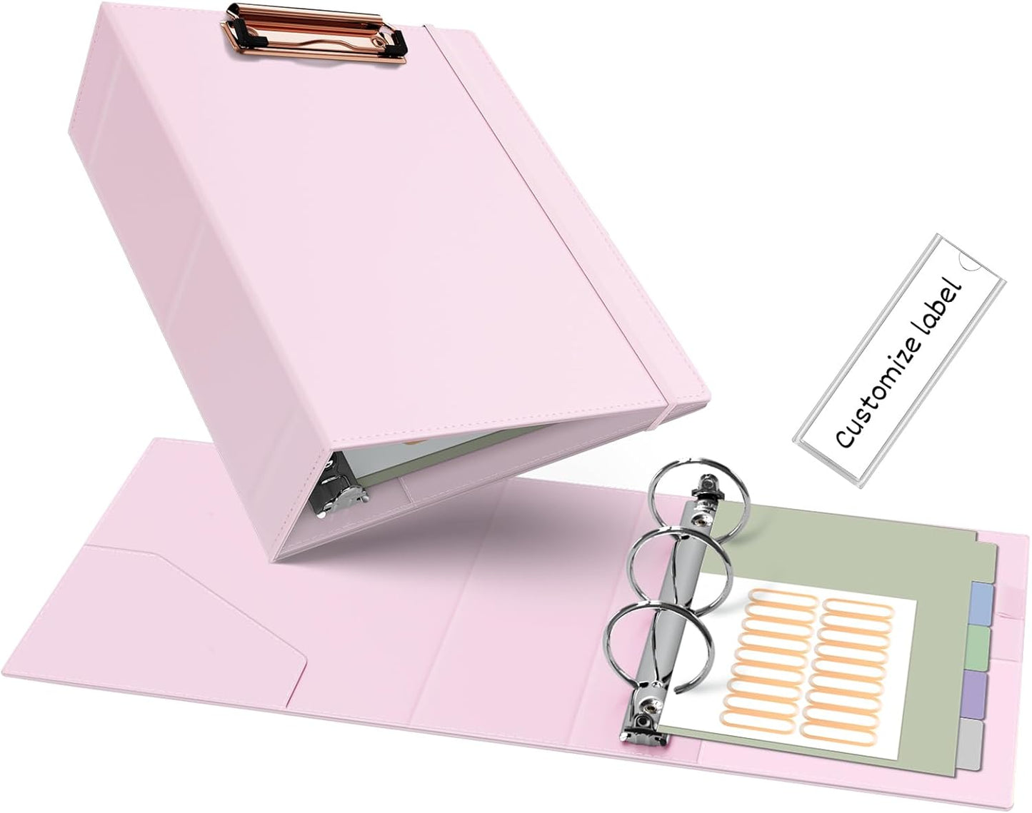 Ospelelf Mini 3 Ring Binder 5.5" x 8.5", 2 Inch Clipboard Binder with Dividers, Professional Leather Binders Organizer for Office, School, Pink