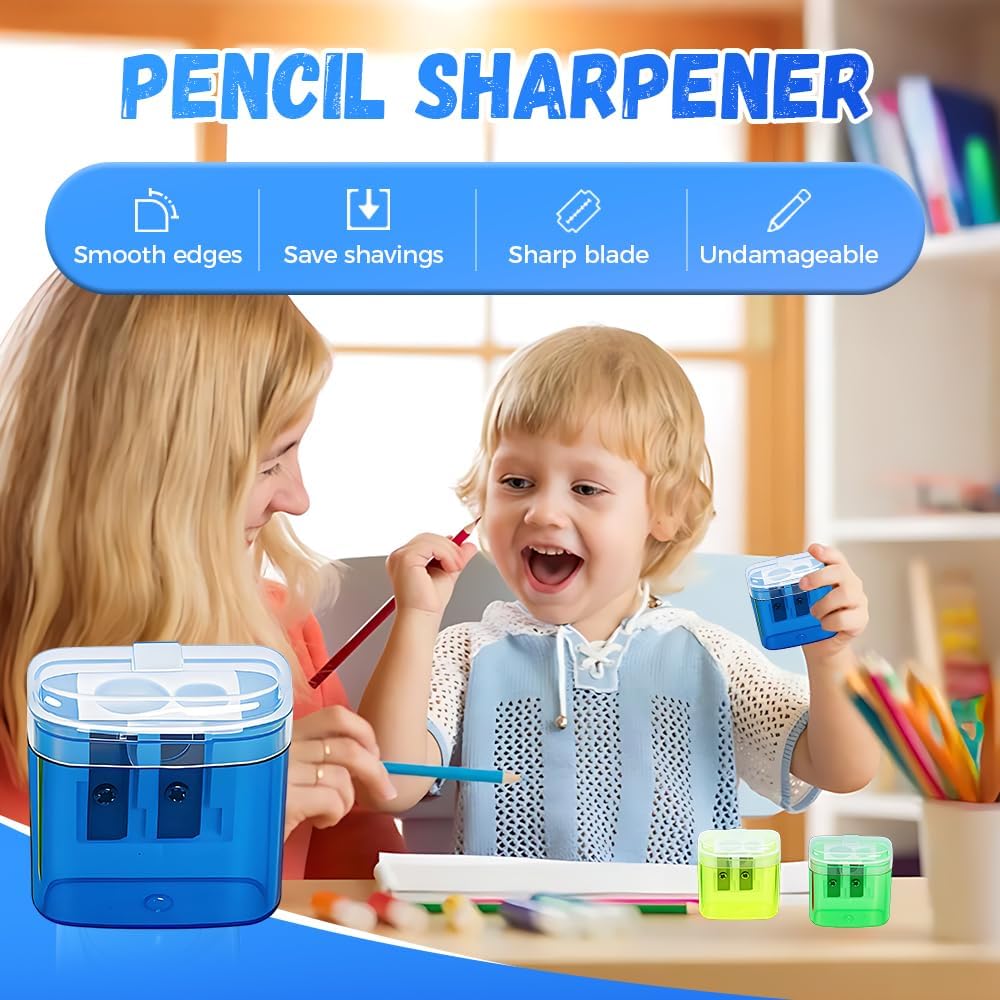 Pencil Sharpeners with Lid, Dual Holes Handheld Pencil Sharpener Manual for Standard and Jumbo Pencils, Compact Cute Sharpener for Kids Adults Students School Home Office (2*Blue)