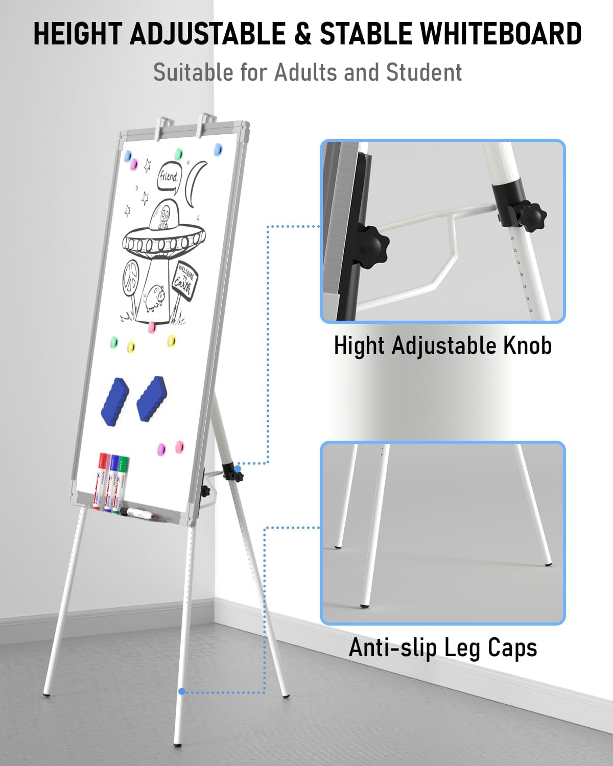 Nicpro Easel Whiteboard with Stand, 36 x 24'' Magnetic Dry Erase White Board Tripod Height Adjustable with Pens, Eraser, Magnet, Flipchart Easel Stand White Board for Kid Student Office Home Classroom