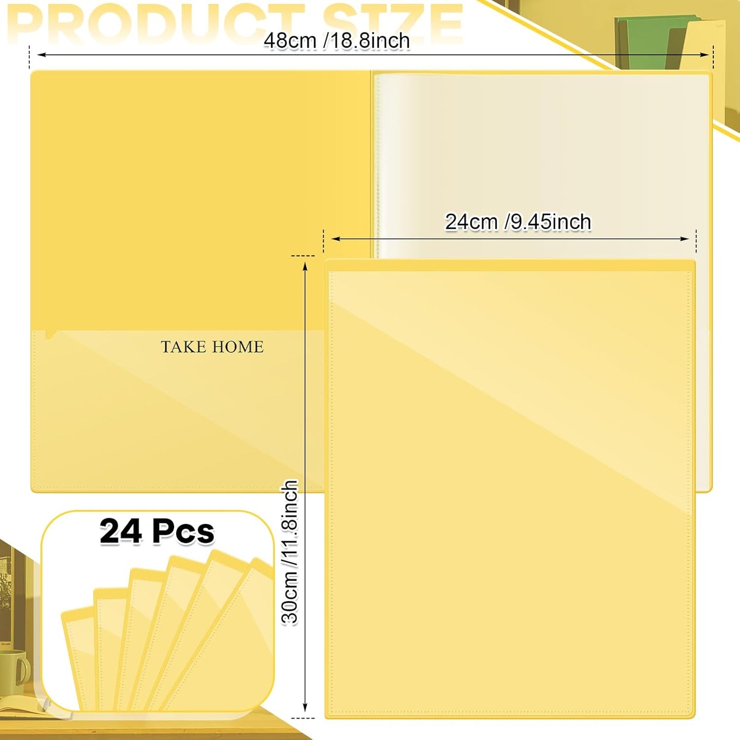 Henoyso 24 Pcs School and Home 2 Pocket Folders with 4 Clear Inner Pockets Plastic Heavy Duty Homework Folders Parent Teacher Communication for Student Home Office Classroom,11 x 9 Inch (Yellow)