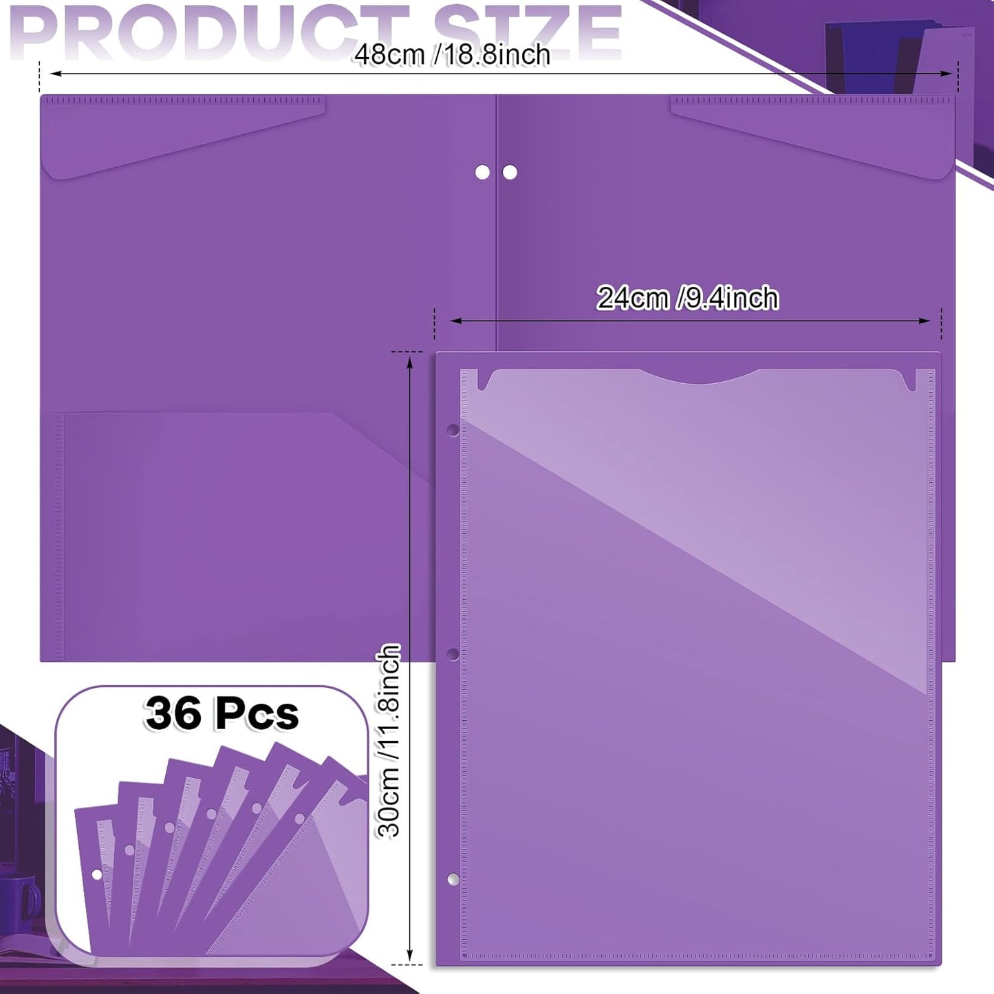 Henoyso 36 Pcs 2 Pocket Plastic Folders with Clear Front Pocket 3 Hole Punched File Folder Letter Size Take Home Documents Holder for Paper Holder Office Business Back to School Supply (Purple)