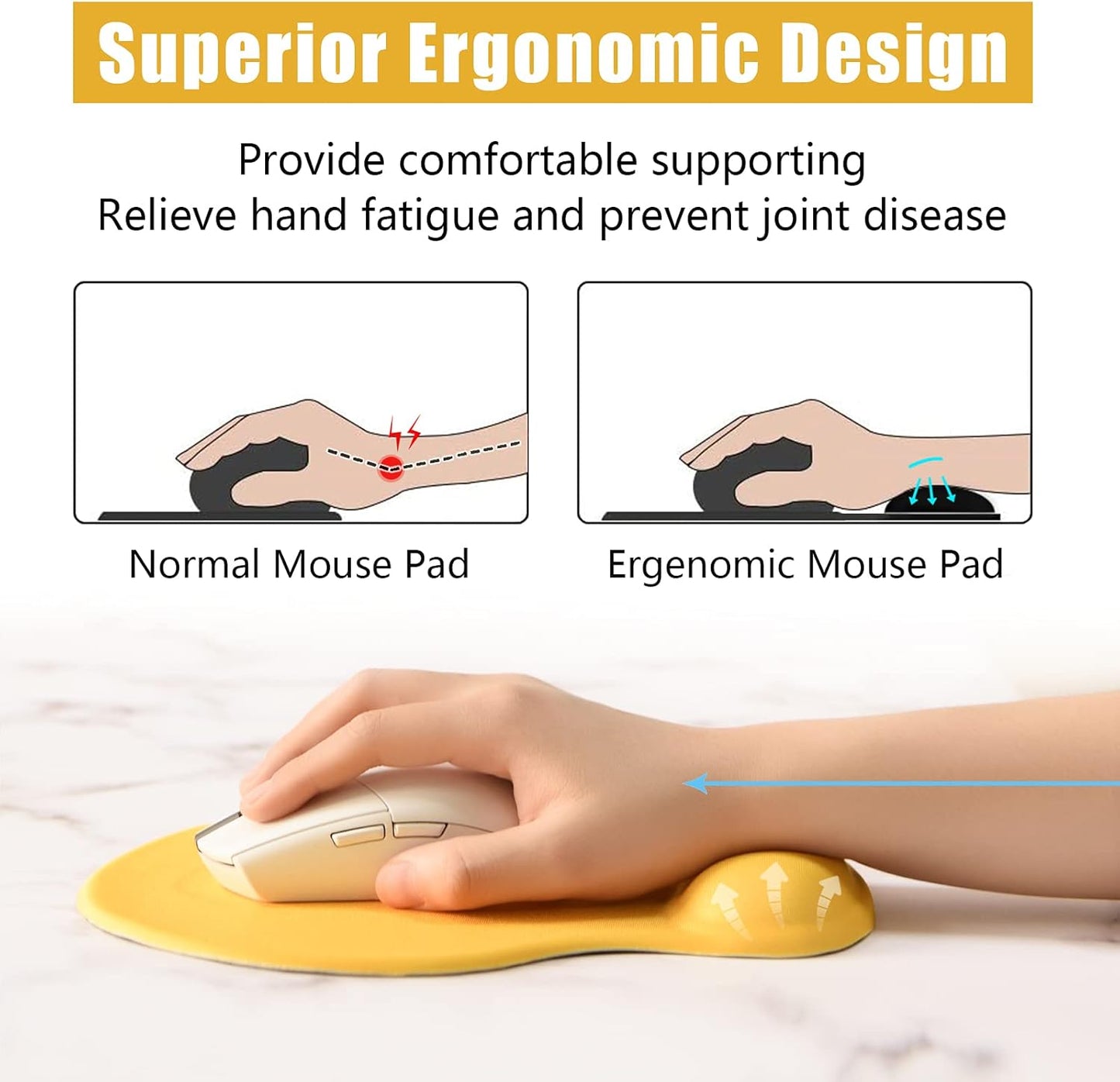 Hsurbtra Ergonomic Mouse Pad with Wrist Rest Support, Gel Mouse Pads with Non-Slip PU Base, Pain Relief Memory Foam Computer Mat, Cute Office Supplies Desk Decro Accessories, Apricot Yellow