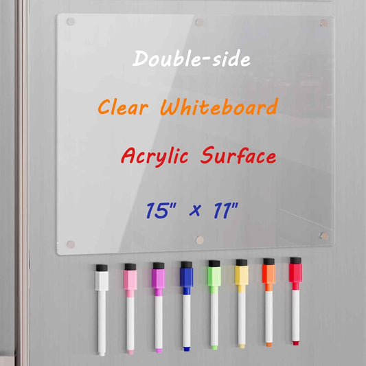 Acrylic Magnetic Dry Erase Board for Fridge, Clear Whiteboard for Refrigerator, Notepad Memo to Do/Grocery List White Board, w/ 8 Colors Markers, 15"x11"