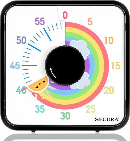Secura 60-Minute Visual Timer, 7.5 Inch Magnetic Rainbow Countdown Timer for Classroom or Kitchen, Durable Mechanical Timer Clock with Magnetic Backing (Black & Sun)