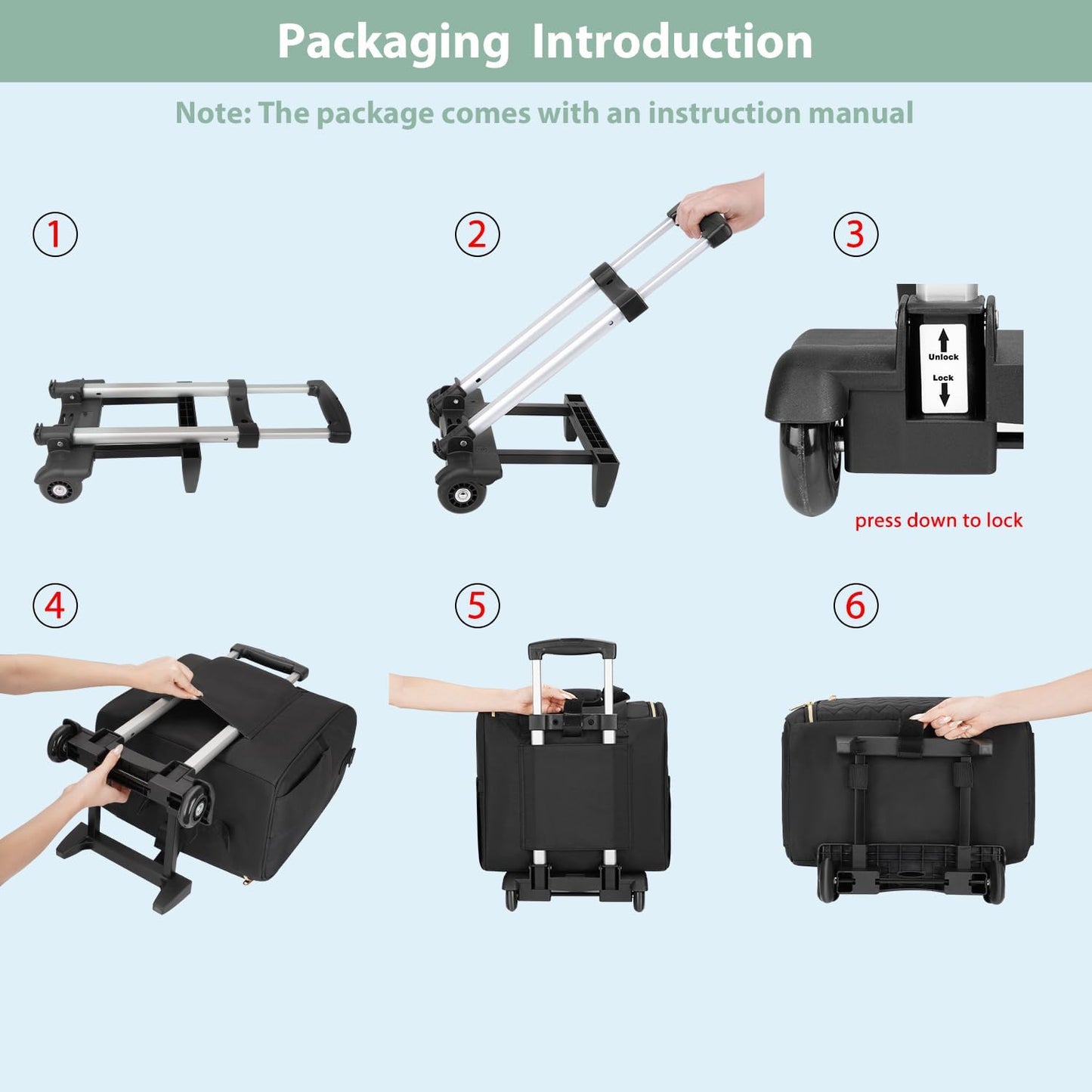 MATEIN Rolling Laptop Bag for Women, 15.6 Inch Rolling Briefcase with Wheels &Detachable Cart, Roller Computer Teacher Tote Bag with Insulated Lunch Box Gift for Nurse Work Business Office, Deep Black