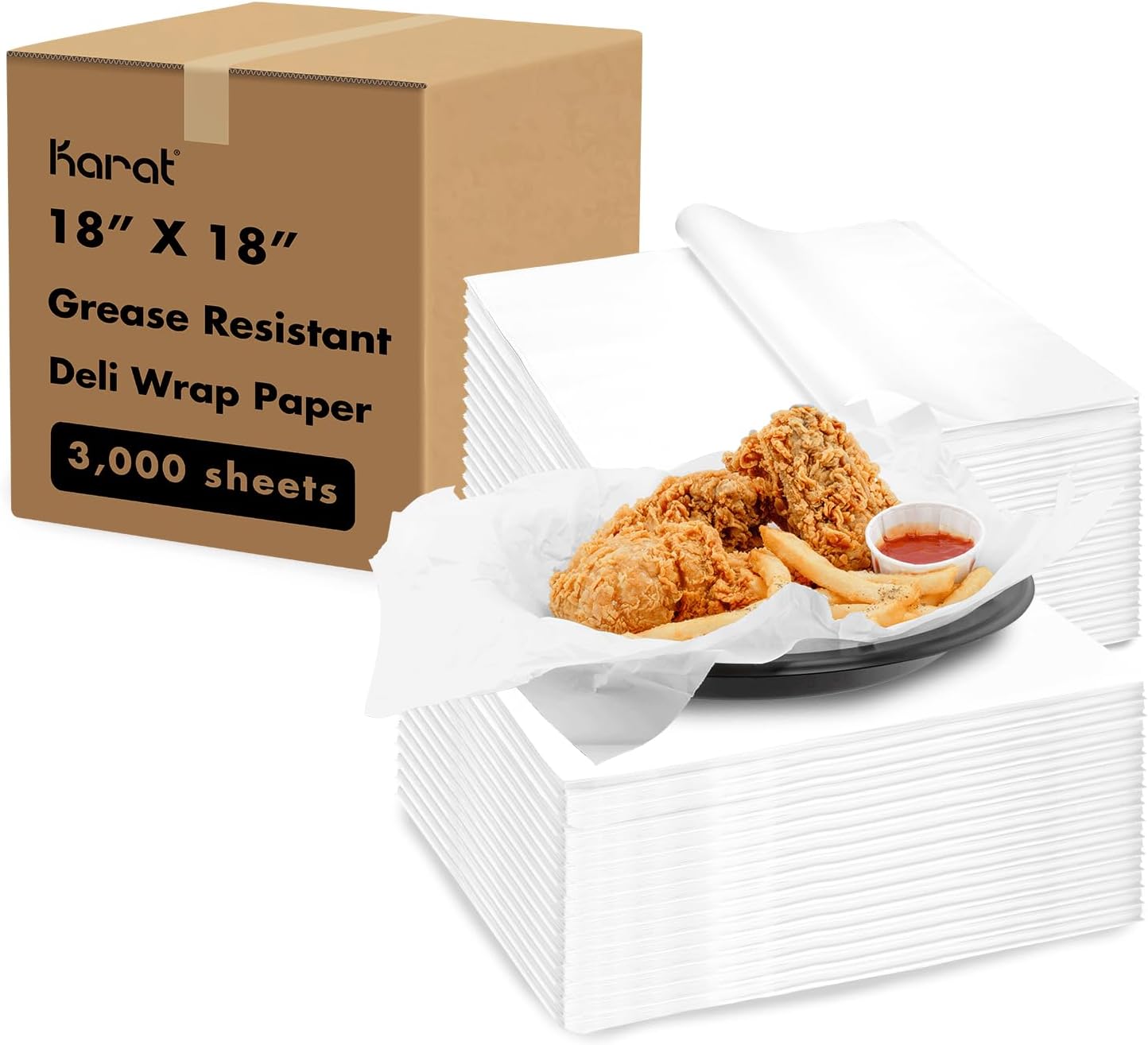 Karat [3,000 ct] 18"x18" Deli Paper Sheets | White Grease-Resistant Wrapping Paper | Designed for Oversized Items, Large Trays, and Catering Needs