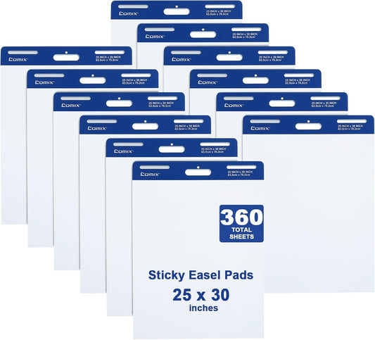 Comix Sticky Easel Pad, 25 x 30 Inches Flip Chart Paper for Teachers, Large Self Stick Easel Paper for Office School Classroom Supplies, 30 Sheets/Pad, 12 Pads/Pack