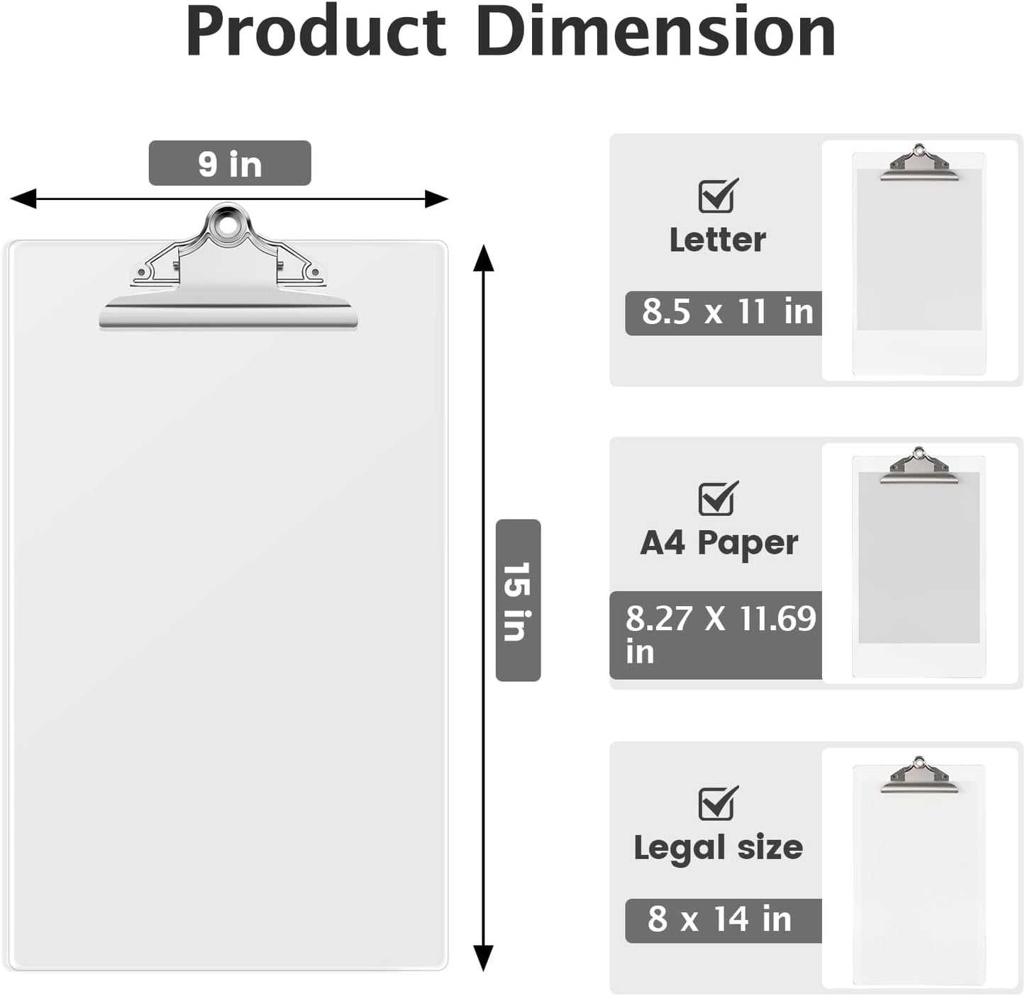 Legal Size Clipboard, Clear Plastic 8.5 x 14 Clip Board for Lawers, Heavy Duty Butterfly Clip, 9 x 15 in, Office & School Supply(Pack of 10)