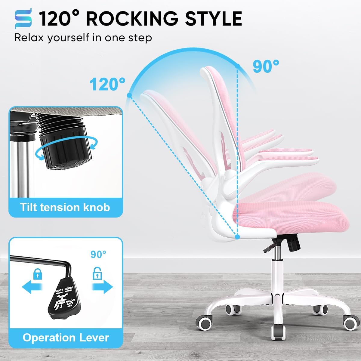 Sytas Ergonomic Desk Chair with Padded Flip up Arms and Supportive Lumbar Support, Breathable Mesh Home Office Chair with Comfortable Cushion for Home or Office(Pink)