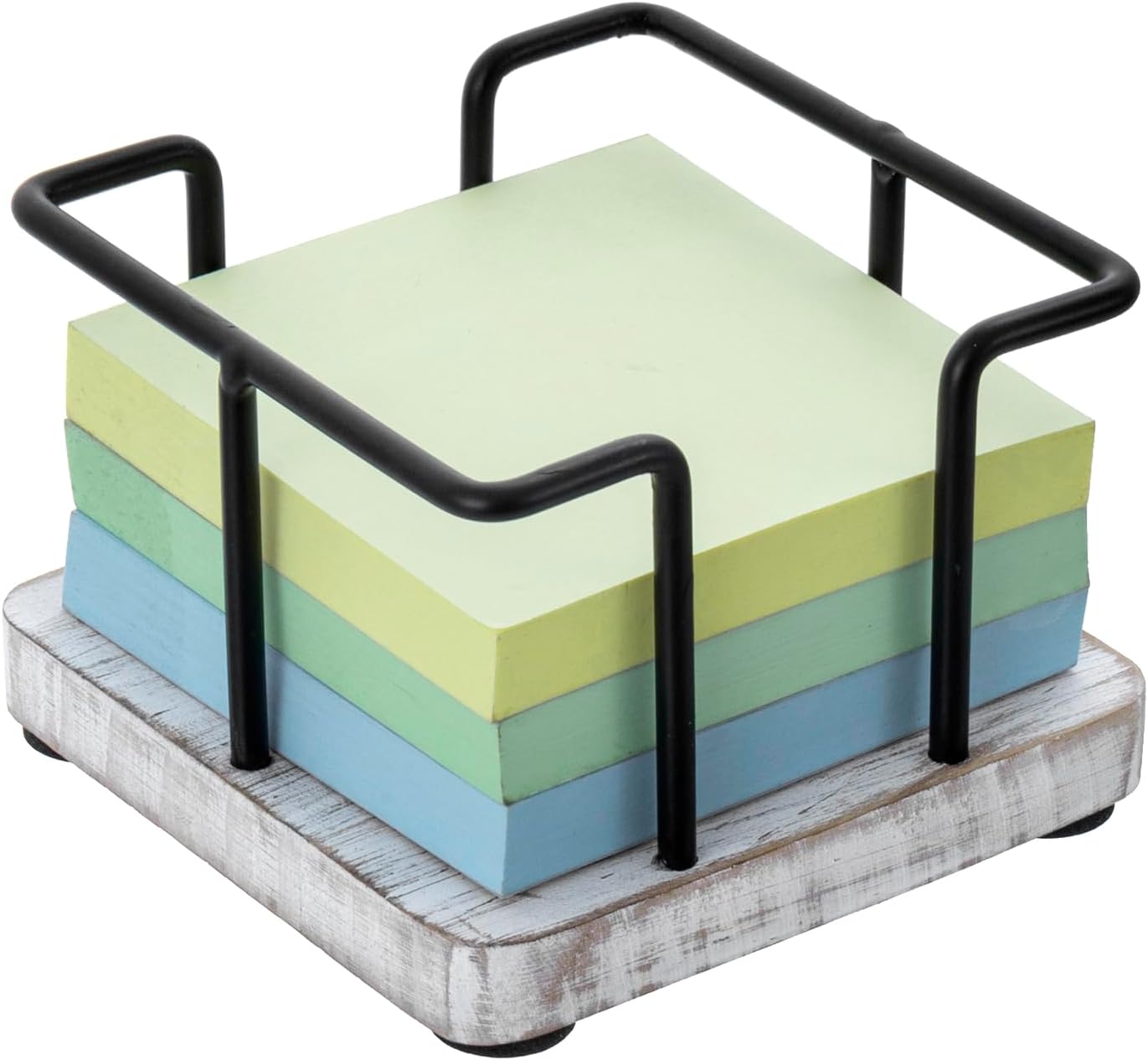 MyGift Shabby Whitewashed Solid Wood and Industrial Matte Black Metal Wire Sticky Note Cube Holder, Office Desktop Self Adhesive Memo Pad Storage Dispenser