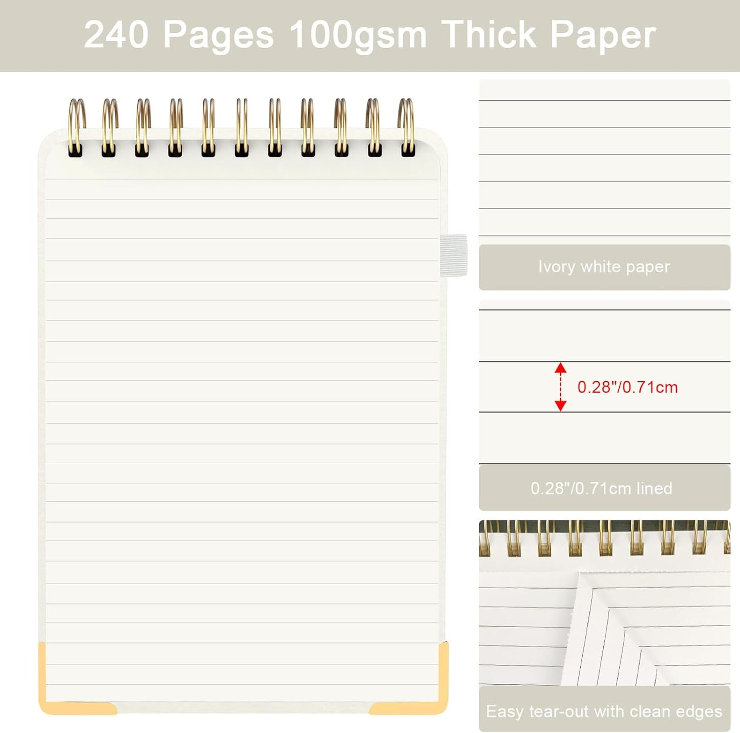 Aesthetic Top Spiral Notebook, A5 Linen Hardcover Top Bound Steno Pads, 240 Pages 100gsm Thick Lined Paper Left Handed Notebook Journal for Work, School, Church Writing - Beige, 5.9" x 8.5"