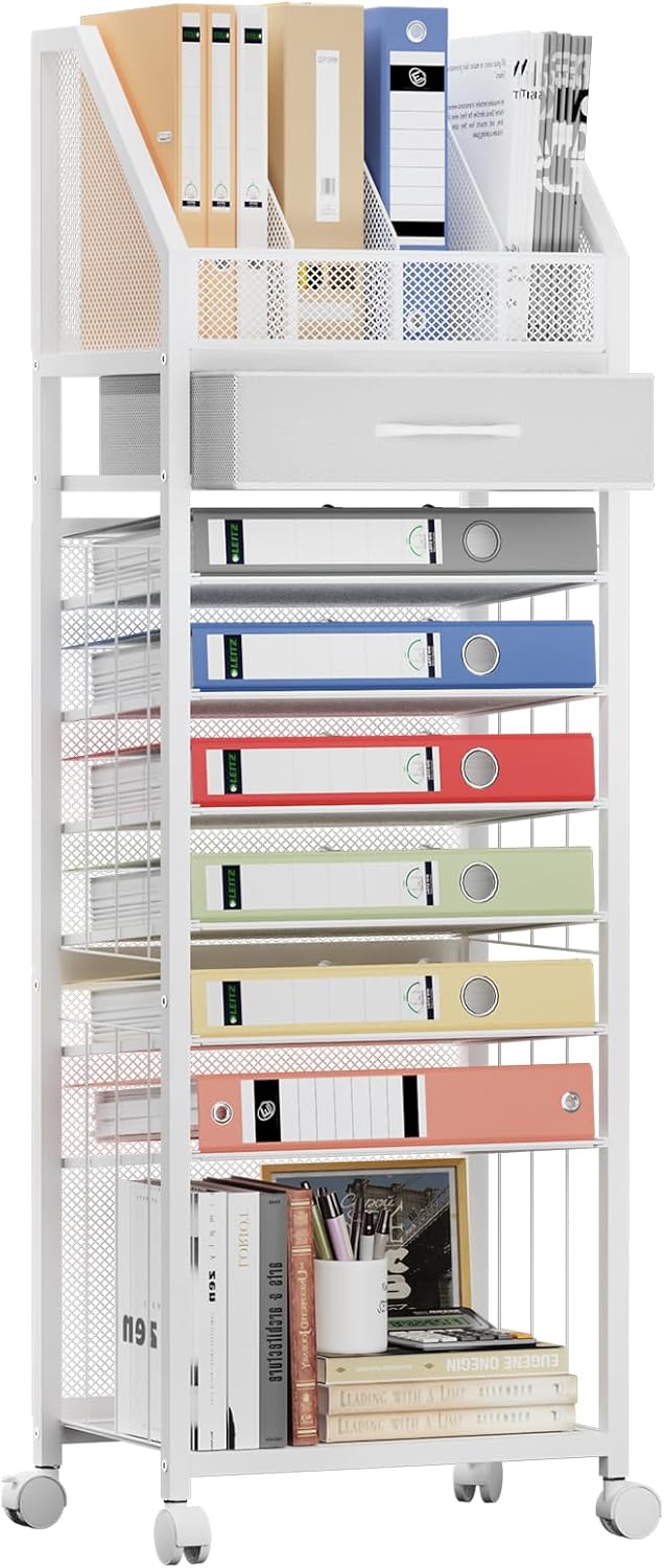 SWTYMIKI 9-Tier Rolling File Cart - Paper Organizer with Drawer and Trays, Wood Desk Office Organizer, Office Organization and Binder Storage for Workspace, Home, School, White